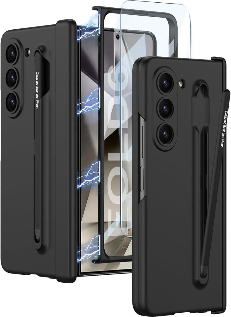 Case for Samsung Galaxy Z Fold 6 with S Pen Holder & S Pen,Luxury Case with Magnetic Hinge Protection and Front Screen Protector,Hard PC Shockproof Protective Cover for Z Fold 6(Black+Black Pen)