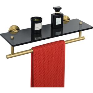 Alise Bathroom Floating Shelves for Wall,15.7 Inch Glass Wall Shelves,SUS304 Stainless Steel Bathroom Shelves Wall Mounted, Bathroom Shelves with Towel Bar for Toilet Room Decoration Gold and Black