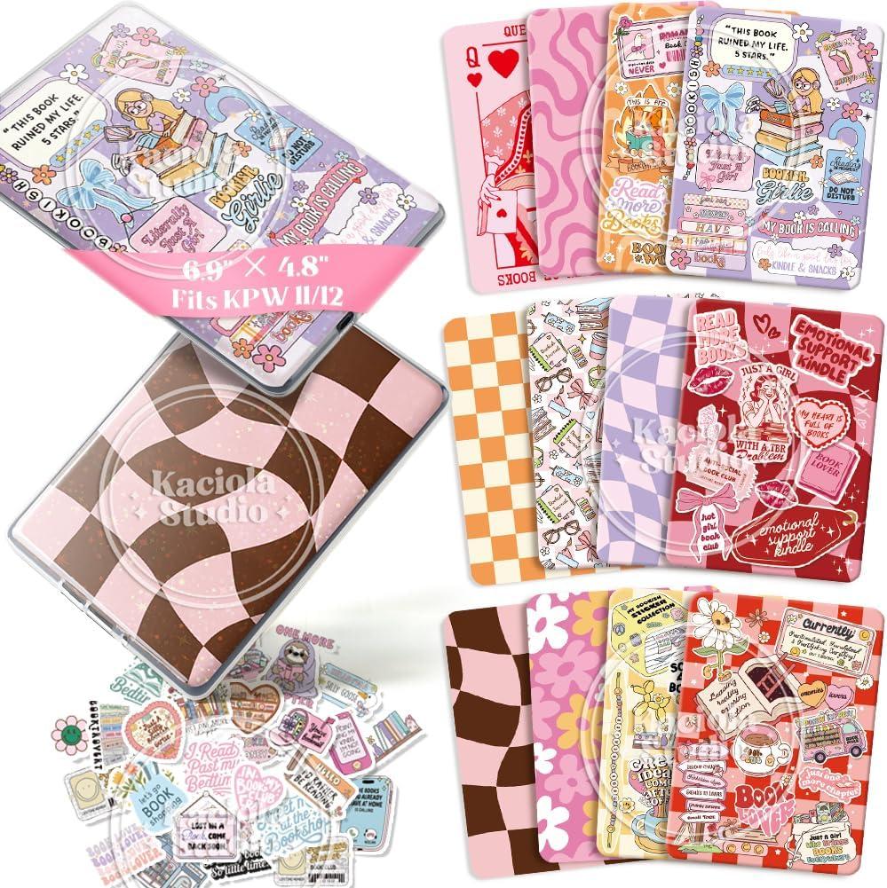Kaciola 12PCS Inserts Cardstock for E-Reader, and 50PCS Scrapbook Sticker for Clear Case, 6.9"x4.8" Bookish Girlie Theme E-Reader Back Cover Insert Decorating Accessories for Paper White 11th-12th