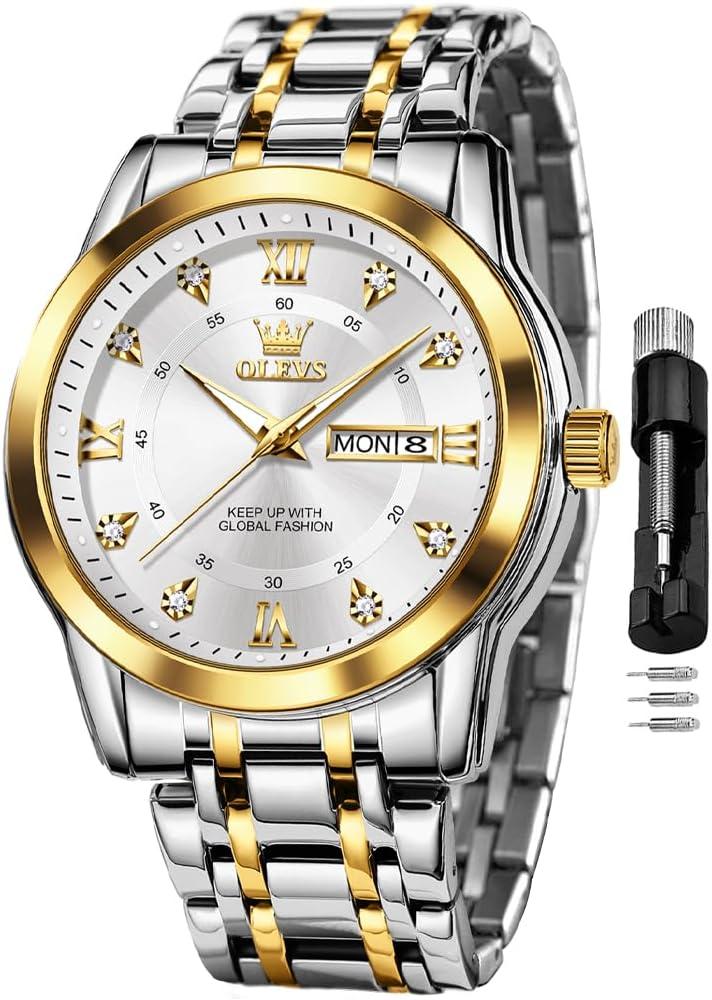 OLEVS Watch for Men Classic Business Dress Analog Quartz Stainless Steel Waterproof Luminous Date Diamond Men Silver Watch