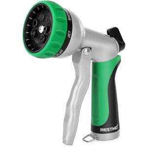 RESTMO Garden Hose Nozzle, Heavy Duty Metal Water Hose Nozzle with 7 Adjustable Spray Patterns, High Pressure Hand Sprayer with Flow Control for Watering Plants & Lawns, Washing Cars & Pets (Green)