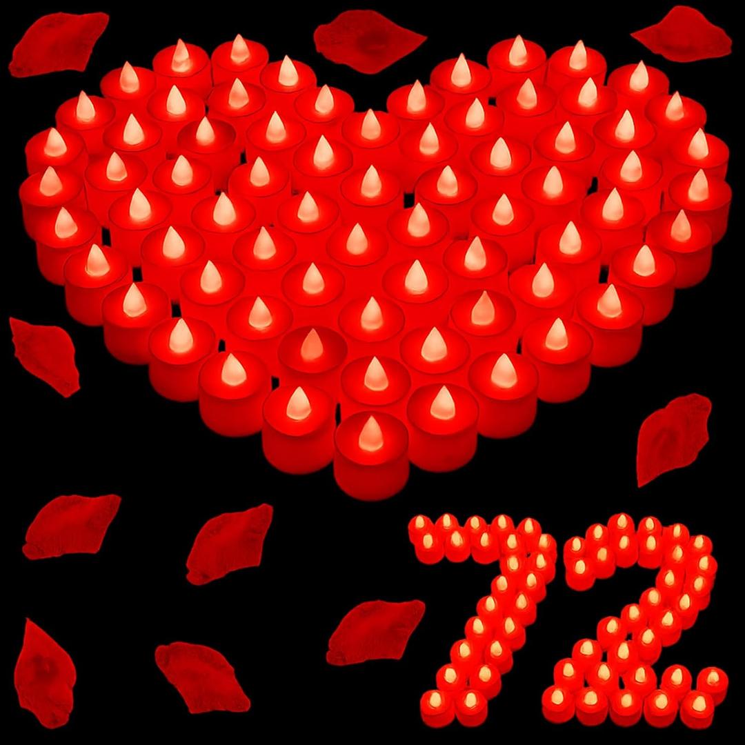 Coume 72 Pack Flameless Tea Light Candle Wedding Flameless Flickering LED Battery Operated Candle for Sweetest Day Anniversary Romantic Night Honeymoon Table Decor(Red)