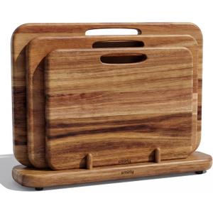 SMIRLY Wooden Cutting Boards for Kitchen, Double-Sided Cutting Board with Handle, Heavy Duty Solid Acacia Wood Cutting Board Set with Stand, 3 Pcs Cutting Boards Non Toxic for Meat Vegetable Fruit