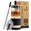 Pandaloo Glass Cups With Lids and Straws -20 Fl Oz- Perfect Size Iced Coffee Cup - Smoothie Cup With Bamboo Lid and On the go Lid 