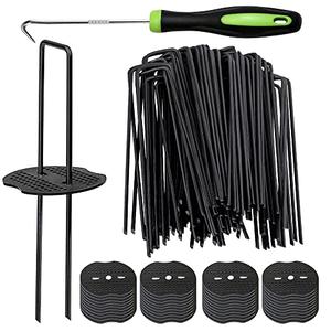 Bakulyor 100pcs Black Landscape Staples + 100pcs Buffer Washer, 6 Inch 11 Gauge Garden Stakes Staples, U Shaped Galvanized Lawn Pins Heavy Duty Yard Ground Pin for Weed Barrier Sod Fabric Decorations