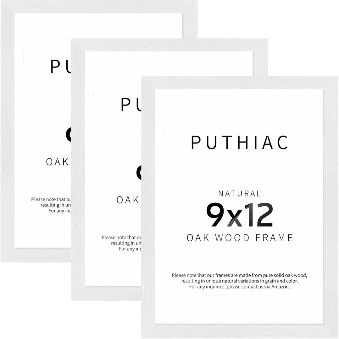 9x12 Oak Wood Picture Frams - Minimalist 9x12 Oak Wood Frames, 9"x12" Picture Frame Wood, Natural Solid Wooden Picture Frames for Wall Art Photo and Prints(3 Pack, White)