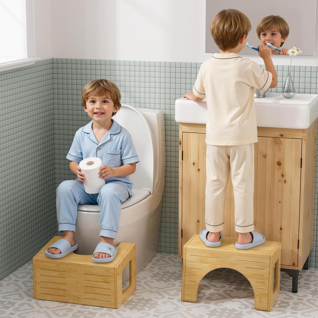 AmazerBath Toilet Stool for Toddler Potty Training, 3-in-1 Sturdy Bamboo One Step Squat Poop Foot Stool, Non-Slip Baby & Kids Potty Step Stool for Bathroom Sink, Kitchen Counter, Bedroom, Closet, 9"