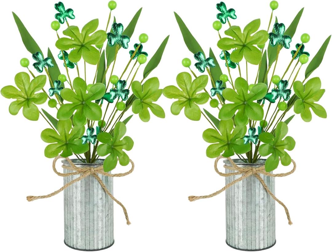 2 Pcs St Patricks Day Decorations Artificial Shamrock Berry Stems in Vase 12'' Green Clover Floral Branches with Metal Pot Greenery Floral Branches for Party Home Table Centerpieces
