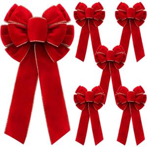 6 Pcs Red Bows 8" x 16" for Christmas Tree, Large Christmas Velvet Bows with Gold Border Waterproof Indoor Outdoor Xmas Tree Craft for Garland Swag Lantern Outdoor Decor