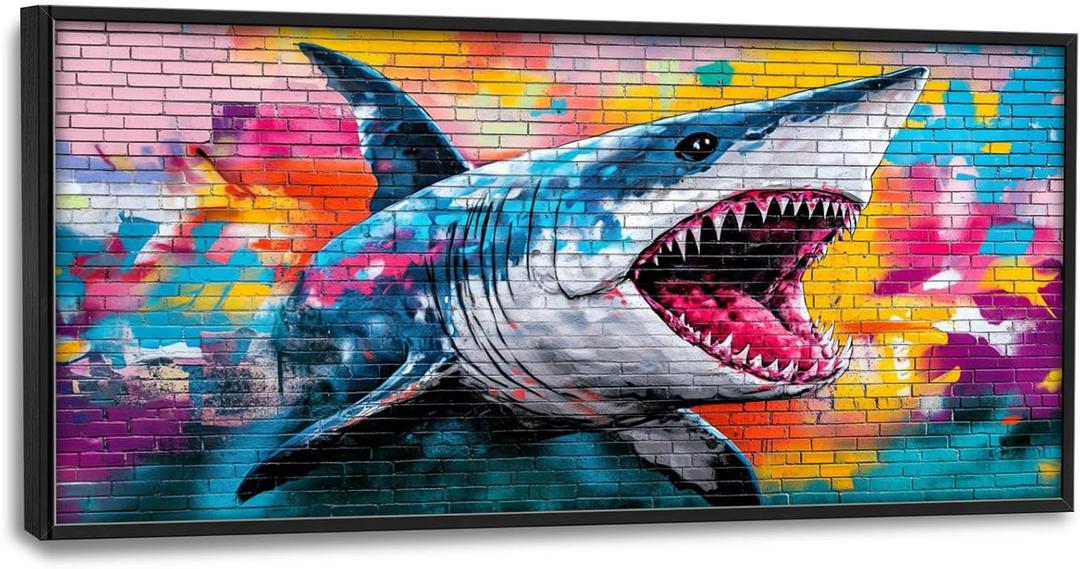Large Shark Wall Art, Oversized Banksy Graffiti Ocean Shark Pictures Wall Decor, Sea Nautical Animal Canvas Prints Painting, Extra Sealife Framed Artwork for Living Room Bedroom Office Bathroom Corridor 60"x 30"