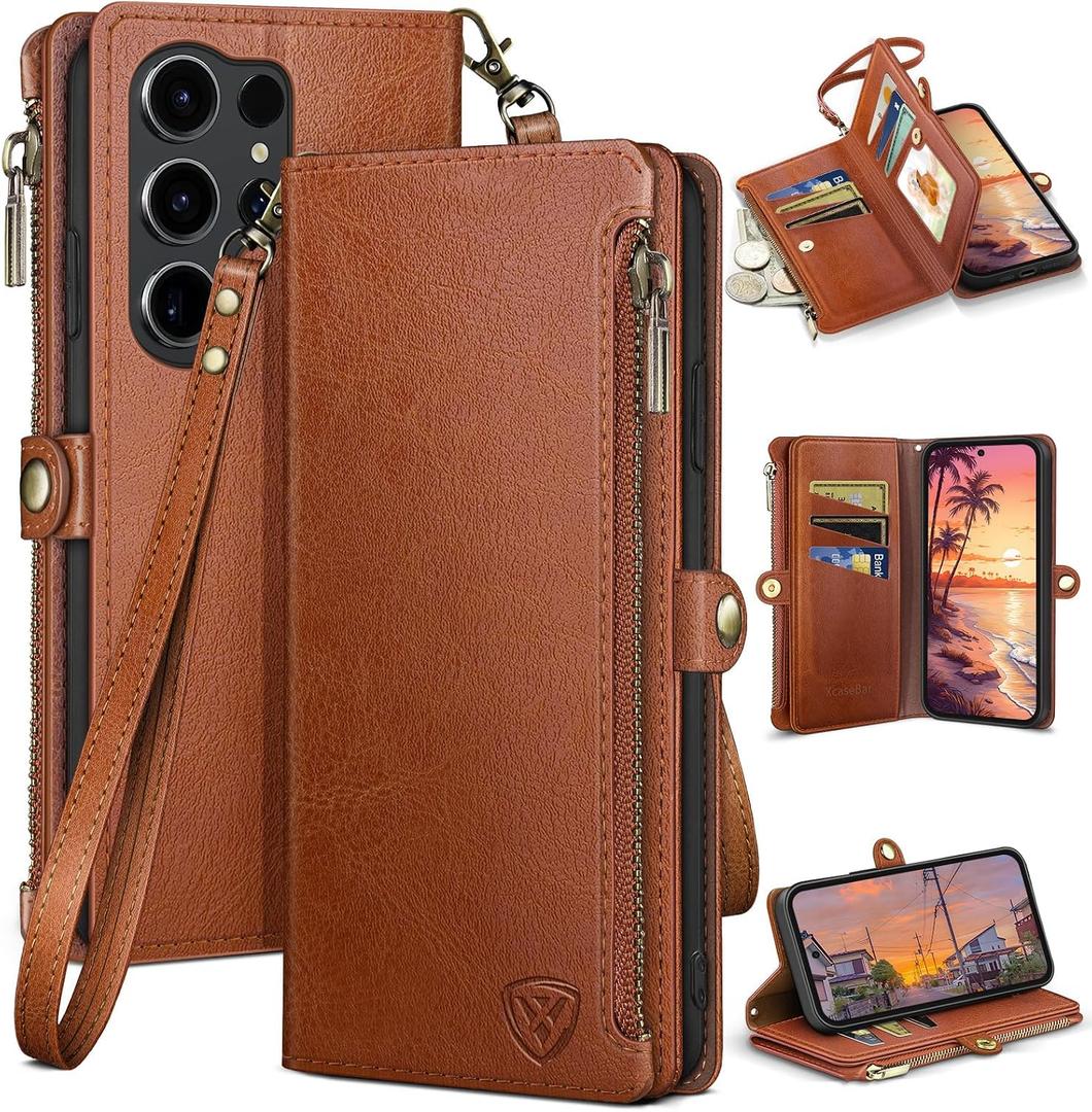 XcaseBar Compatible with Samsung Galaxy S25 Ultra Wallet case with Zipper Credit Card HolderRFID Blocking,Flip Folio Book PU Phone case Shockproof Cover Men Women for S25 Ultra case Light Brown