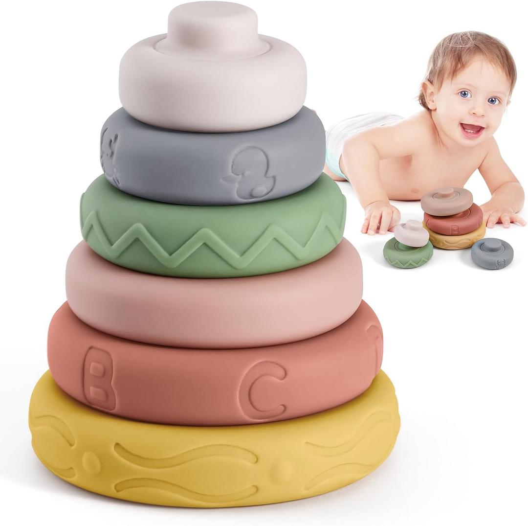 BOBXIN Baby Stacking & Nesting Rings Toy, 6pcs Soft Silicone Circle Building Stacker, Squeeze Play with Letter, Animal and Graphic, Toddler Sensory Learning Montessori Toys for Babies 6 Months+