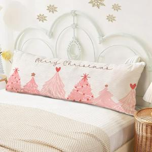 SNNDER Pink Christmas Tree 20x54 Body Pillow Cover with Zipper, Preppy Girly Christmas Room Decor, Watercolor Xmas Pine Tree Decorative Long Hug Pillow Cases for Bed Couch