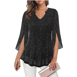 Tencole Womens 3/4 Ruffle Sleeve Sparkly Tops Sequin V Neck Blouses Dressy Casual Shirts, Size L