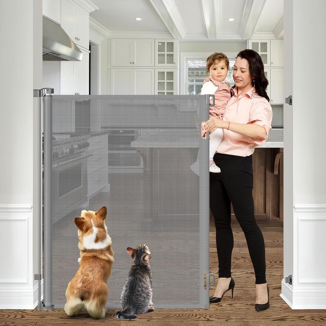 48 Inch Tall Cat Gate for Doorway, Extends to 55" Wide - Retractable Dog Gate - Gray