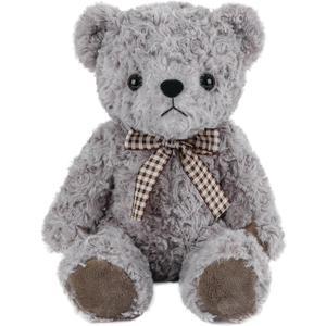 Classic Fluffy Teddy Bear Plush Toys Stuffed Animals with Vintage Lattice Tie for Kids Babies Birthday Bedtime, 11.8 inches Gray