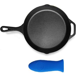 Pre-Seasoned Cast Iron Skillet 12in Iron Pans with One Silicone Hot Handle Holder - 12.5 Inch (Black)