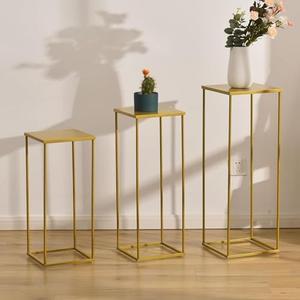 VINCIGANT Gold Pedestal Stand for Party ,Set of 3 Metal Plant Stand Tall Cake Cylinder Pedestal Stand for Wedding Flower Vase , Corner Planter Pot Rack for Living Room Patio Decor