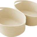 Woven Basket, Small Rope Storage Bin with Handles & Ribbon Bag, Organizer for Shelves Closets, Gift Basket Empty for Birthday, Books, Dog Toys, Beige/2 Pack