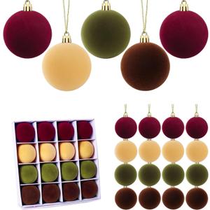 16 Pcs Red Velvet Christmas Balls, 3.15 Inch Velvet Ornaments for Christmas Tree, Flocked Ornaments Balls for Wreath Garland - Burgundy, Brown, Green, Khaki