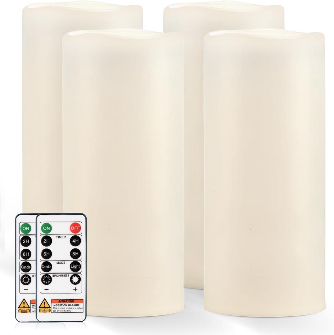 Homemory 12" x 5" Large Waterproof Outdoor Flameless Candles with Remote Control and Timer, Battery Operated Flickering LED Pillar Candles for Outdoor Larterns, Porch, Long Lasting, Set of 4