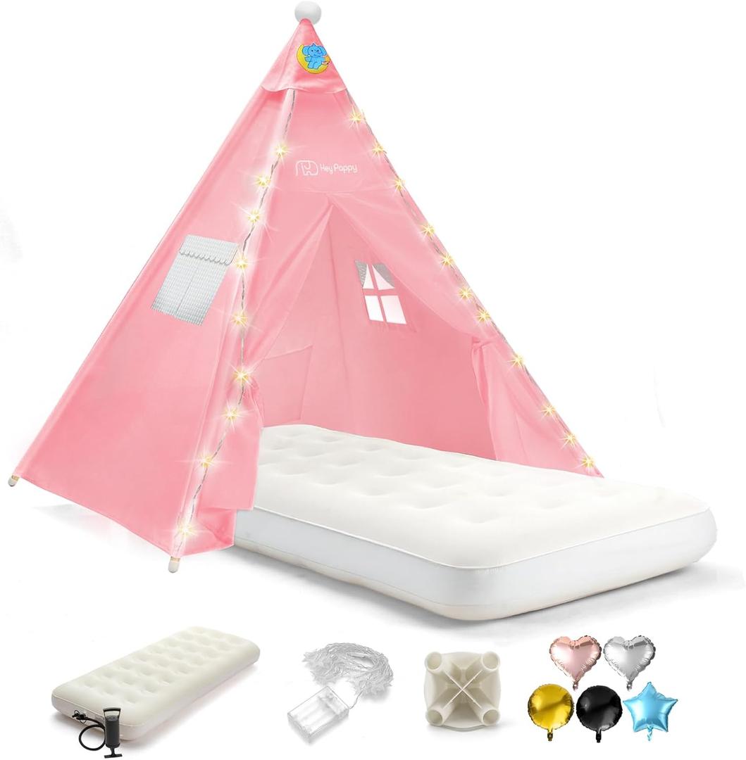 Teepee Tent for Kids with Inflatable Airbed, String Lights, Balloons, Pump, Washable Slumber Party Tent Indoor Outdoor for Girls Boys, Children Tipi Playhouse for Playtime and Sleepover (1 Pack, Pink)