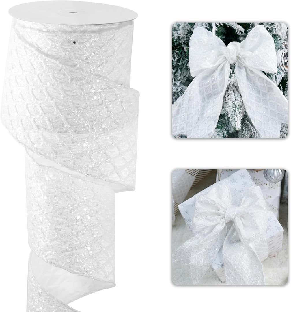 LIZLOVESS White Christmas Ribbon 4" Glitter Mesh Wired Ribbon for Christmas Tree White Diamond Honeycomb Ribbon for Gift Wrapping, Crafts, Wreath Supplies, Garland, Tree Topper Bows - 10 Yards