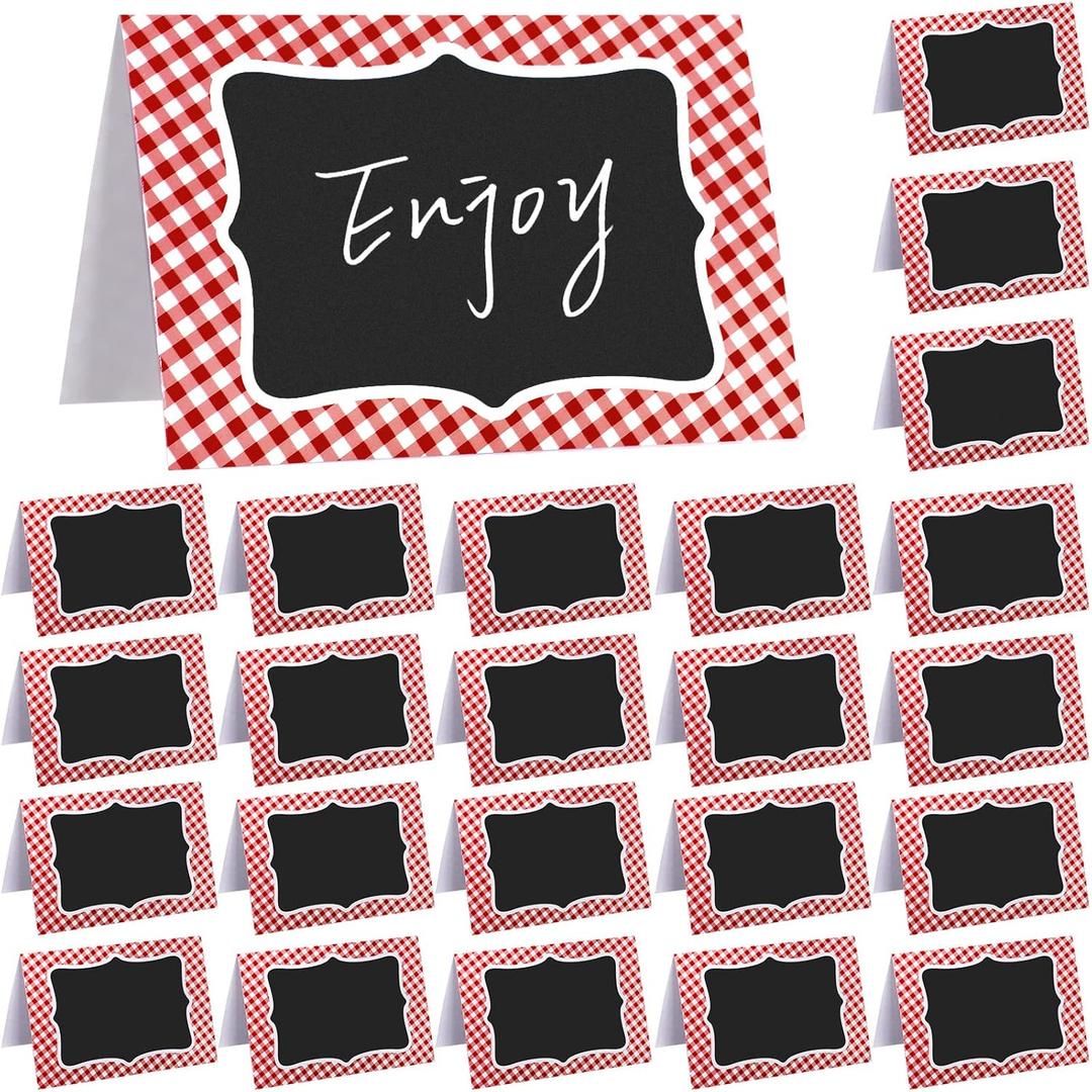 TaoBary 24 Pcs Gingham Picnic Party Decoration Supplies 4x6 Inch Italian Themed Party Chalkboard Tent Cards Double Sided Mini Blackboard Labels for Picnic BBQ Wedding Table Number Food Place(Red)