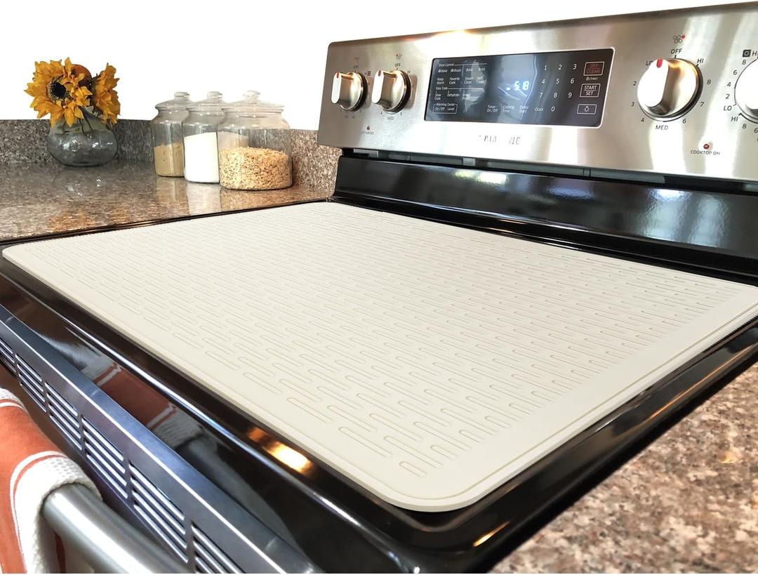 Stove Top Cover for Electric Stove - Silicone Stove Mat for Glass Top, Glass Cooktop Protector, XL Dish Drying Mats For Kitchen,Oven Covers for Electric Stove (Beige,28 x 20)