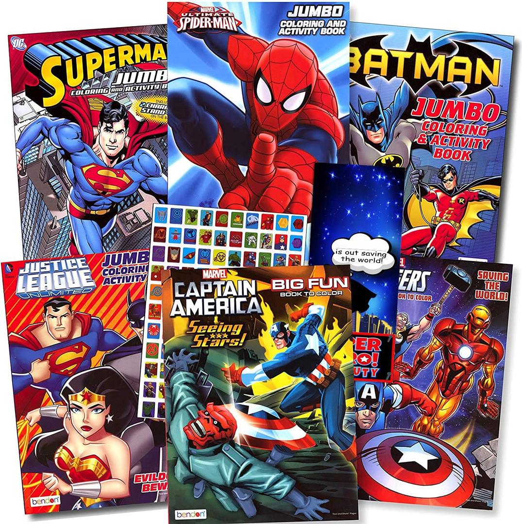 Superheroes Giant Coloring & Activity Book Bundle with 6 Assorted Books with Superhero Pin, Wristband, and More ~ Avengers, Spiderman, Superman, Batman, Captain America!