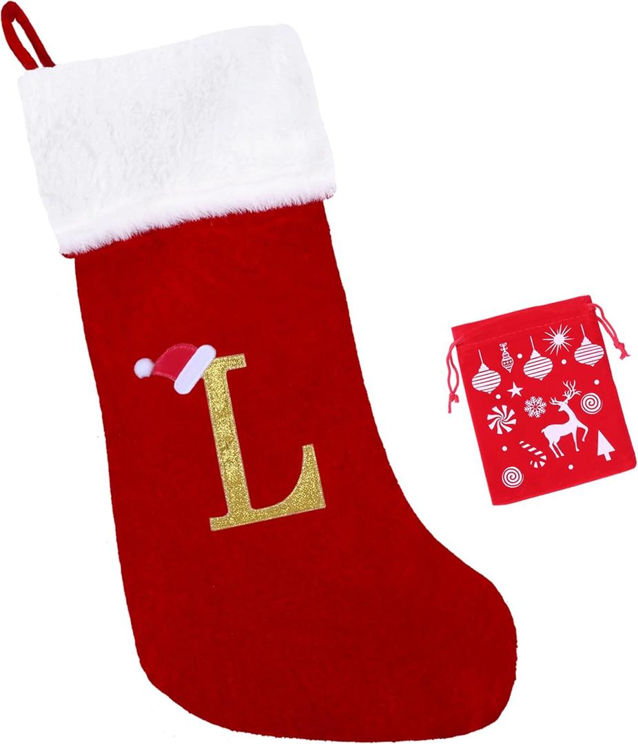 EHJYO 20 Inches Monogram Christmas Stockings with Letters Large Super Soft Christmas Stockings, Red Velvet with White Plush Cuff Embroidered Xmas Stocking for Christmas Family Decor Letter L
