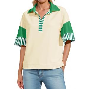 Fisoew Womens Color Block Sweatshirts Casual Short Sleeve Collared V Neck Slit Loose Summer T Shirts (Yellow)