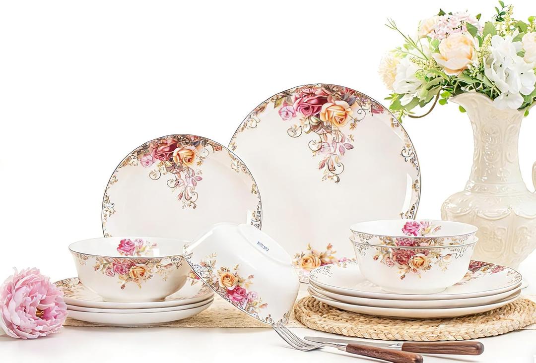 Dinnerware Sets, Plates Set, with Bowls, Artistic 12-Piece Ceramic Dinnerware, for Home Restaurant, Chip and Scratch Resistant, Microwave and Dishwasher Safe, Rose Collection