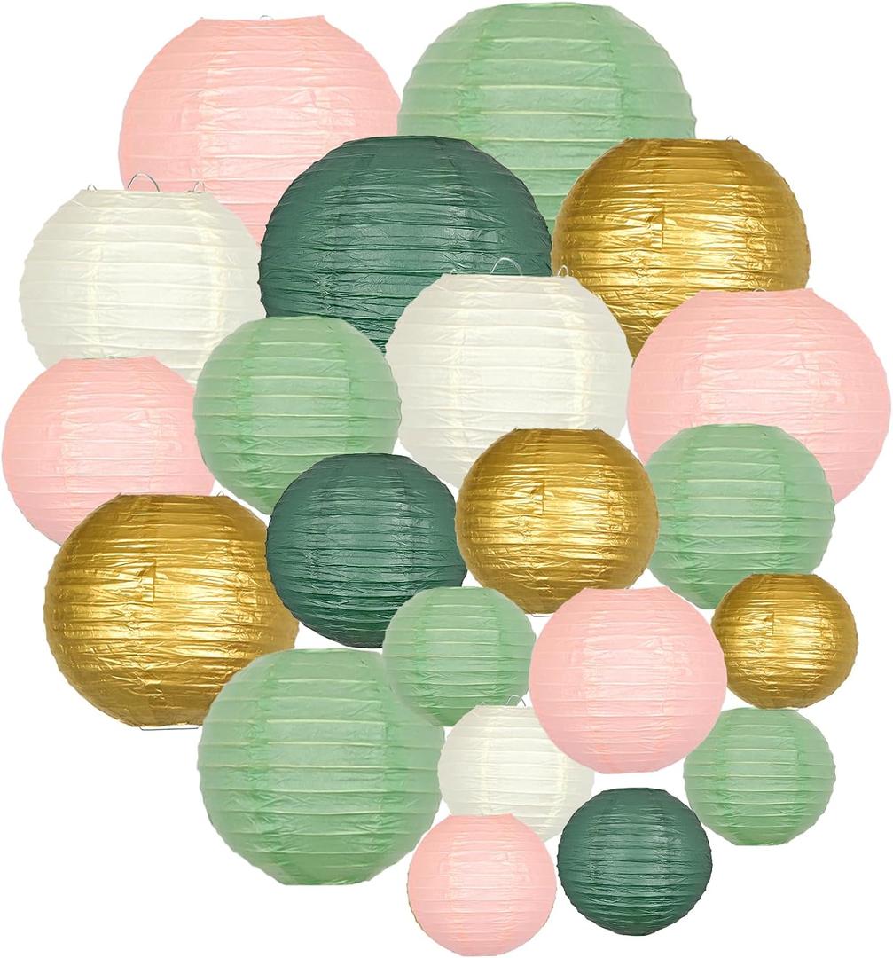 ADLKGG Paper Lanterns Decorative, Hanging Paper Lantern Decorations for Valentines Day Decorations Graduation Wedding St. Patrick's Day Neutral Baby Shower Home Decor Sage Green/Pink/Gold 21pcs