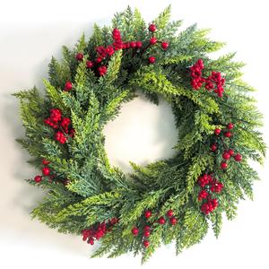 24 inch Christmas Wreaths for Front Door, Artificial Winter Wreath with Red Balls, Faux Pine Green Wreath for Home, Holiday, Fireplace, Mantle, Wall, Windows, Xmas, Outdoor Decoration
