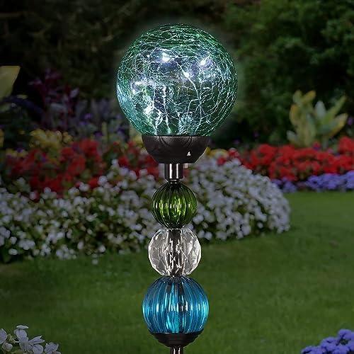 Exhart Garden Solar Lights, Decorative Crackle Glass Ball Garden Stake with Beads, 6 LEDs, Glass and Metal Outdoor Decoration, Green, 4 x 29.5 Inch