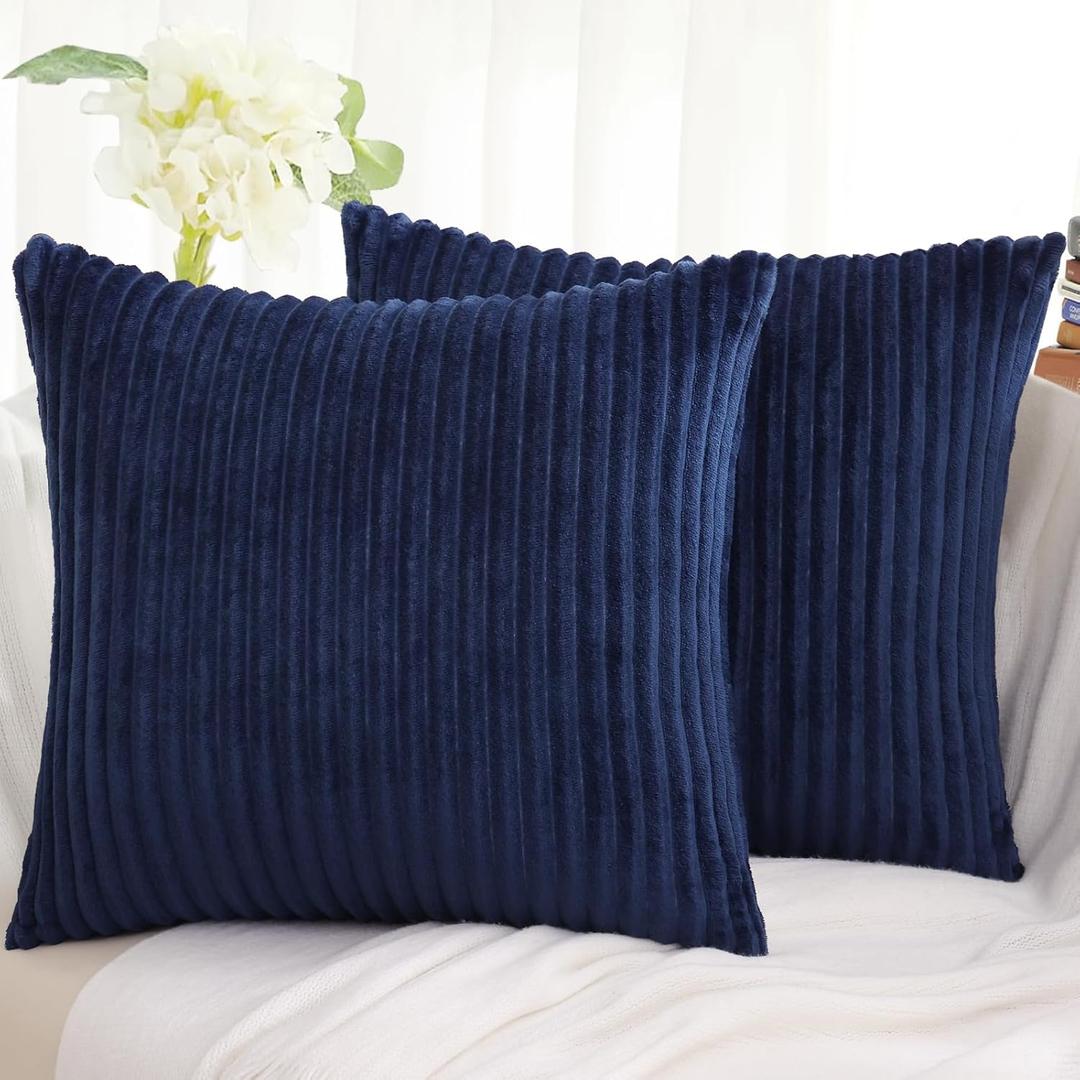 Simmore Decorative Summer Throw Pillow Covers 18x18 Set of 2, Soft Natural Plush Flannel Double-Sided Fluffy Couch Pillow Covers for Sofa Living Room, Navy Blue
