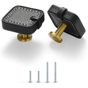 Satanga Kitchen Leather Cabinet Drawer Dresser Knobs Pack of 4 Black Brass Square Cupboard Door Bathroom Handles Furniture Wardrobe Hardware One Single Hole Diameter 1 2/5 Inch with Screws Modern