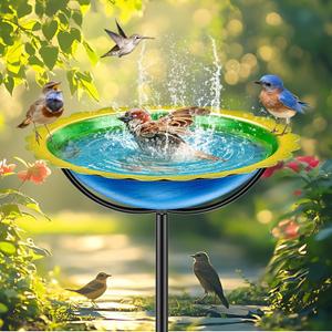 Metal Bird Bath for Outdoors Garden Birdbath Bowl, Bird Feeders for Outside with 4 Prongs Base Stake, Standing Birdfeeders for Yard Lawn Decor (Blue Yellow)