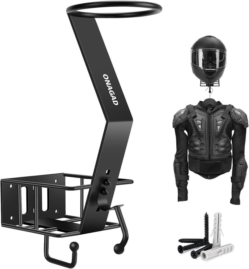 Wall Mount Motorcycle Helmet Rack with Gloves Tray, Dirt Bike Bicycle Helmet Holder Display Hanger Storage Organizer Stand Hook, Motorcycle Accessories for Enclosed Trailer, Truck,Garage and Warehouse