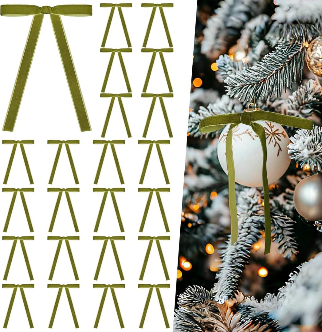 Artmag 24 Pcs Velvet Bows for Christmas Tree Rustic Bows Velvet Christmas Ornaments for Door Garland Wreath Gift Party Holiday Decoration (Width of 5/8",Olive Green)