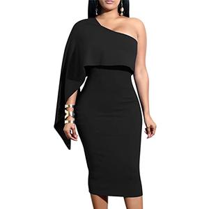 GOBLES Women's Summer Sexy One Shoulder Ruffle Bodycon Midi Cocktail Dress Black M