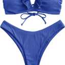 ZAFUL Women's Strapless Ribbed V Wired Lace Up Ruffle Tie High Cut Bandeau Swimsuits Bikini Set (0-royal Blue)
