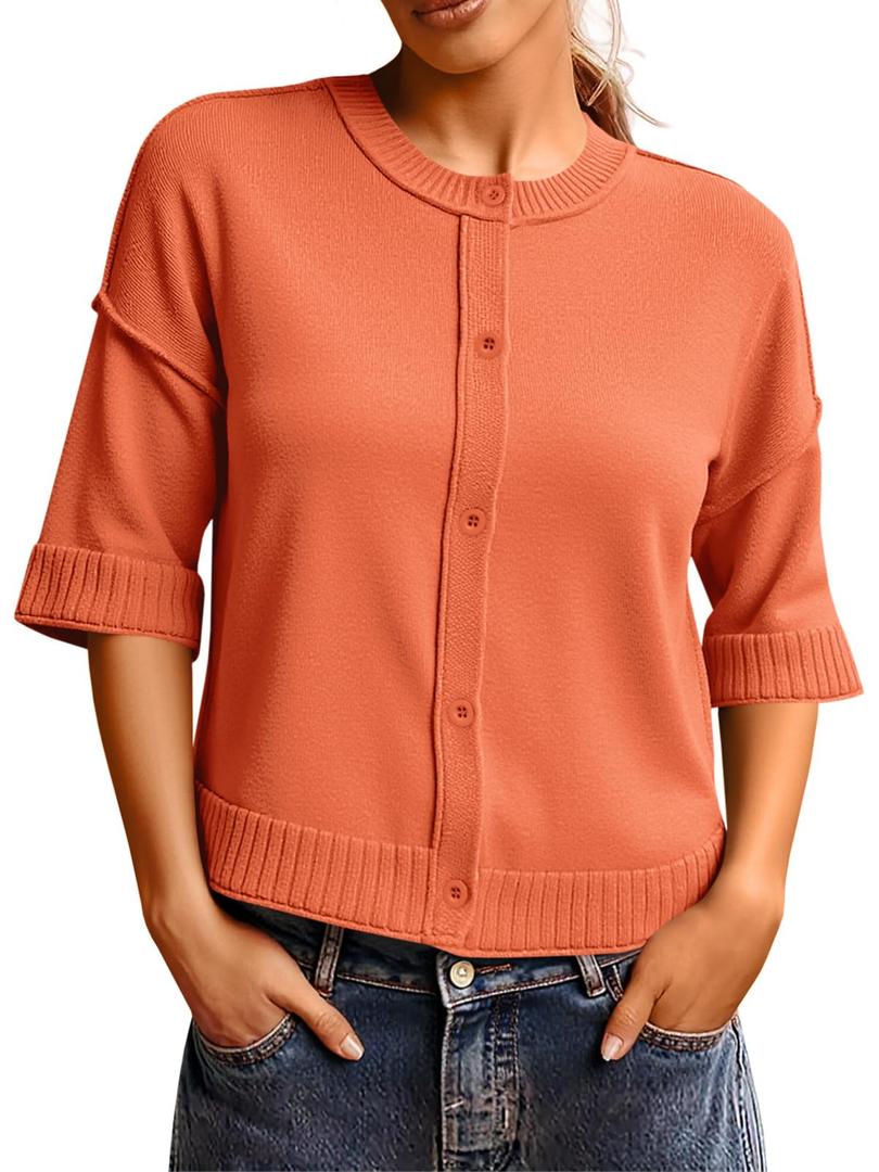 Saodimallsu Womens 3/4 Sleeve Cardigan Sweaters Button Down Crewneck Knit Cropped Tops Casual Fall Outerwear Orange (Orange, XL)