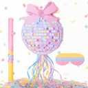 Disco Ball Piata with Bow Design Disco Ball Party Supplies with Piata Blindfold Bat Confetti for Birthday Party Supplies (14.96x12x2.76 Inch)