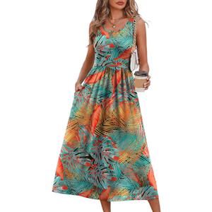 WIHOLL Summer Dresses for Women Flowy Casual Midi Dress Beach Vacation Sundresses with Pockets, L