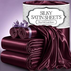 DECOLURE Satin Bed Sheets - 4 Piece Luxury Silky Queen Size Bedding Set - Softer Than Silk, Wrinkle-Free with 15 Deep Pocket Fitted Sheet, Perfect for Hair & Skin, Gifts for Women (Rosewood)