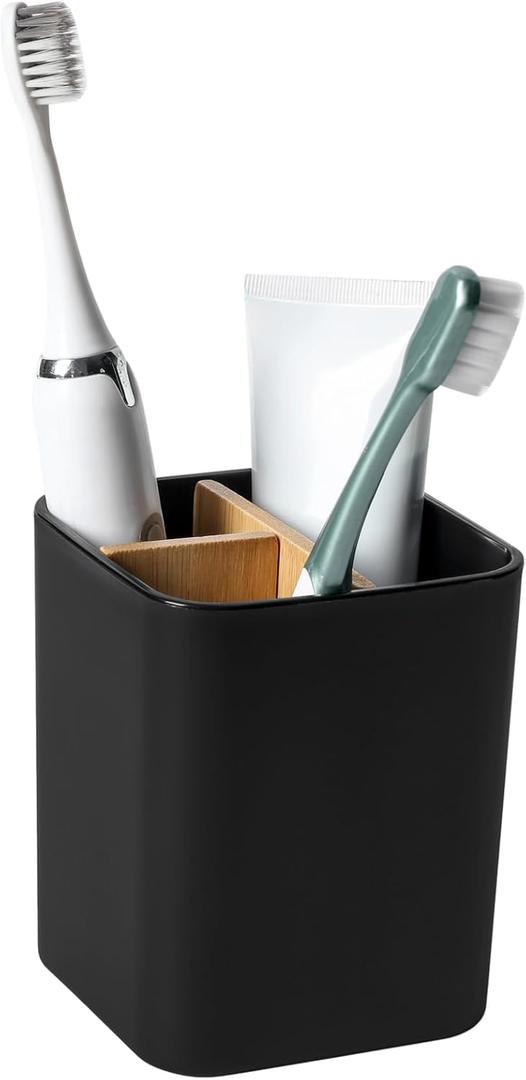 Bamboo Toothbrush Holder for Bathrooms, 3 Slots Toothbrush and Toothpaste Holder Bathroom Counter Organizer for Electric Toothbrushes, Floss, Razors - Black