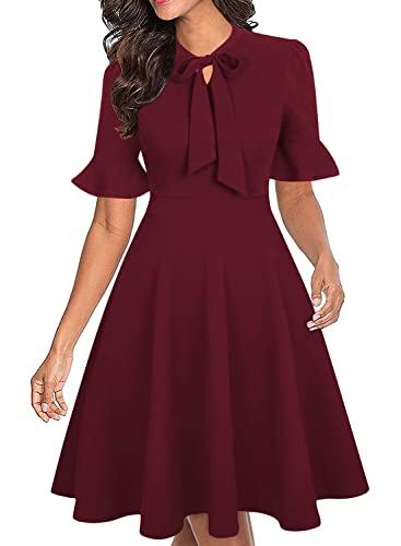 Burgundy Dresses for Women Formal Cute Modest Wine Colored Red Short Sleeve Tie Neck Flowy Aline Summer Cocktail Dress Vestido Color Vino S