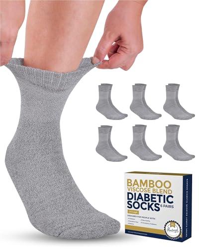 Pembrook Bamboo Viscose Diabetic Socks for Women & Men - 6 Pairs Ankle Socks for Swollen Feet | Neuropathy Socks | Moisture Wicking Ankle Neuropathy Socks for Men | Mens Diabetic Socks | Gray, L